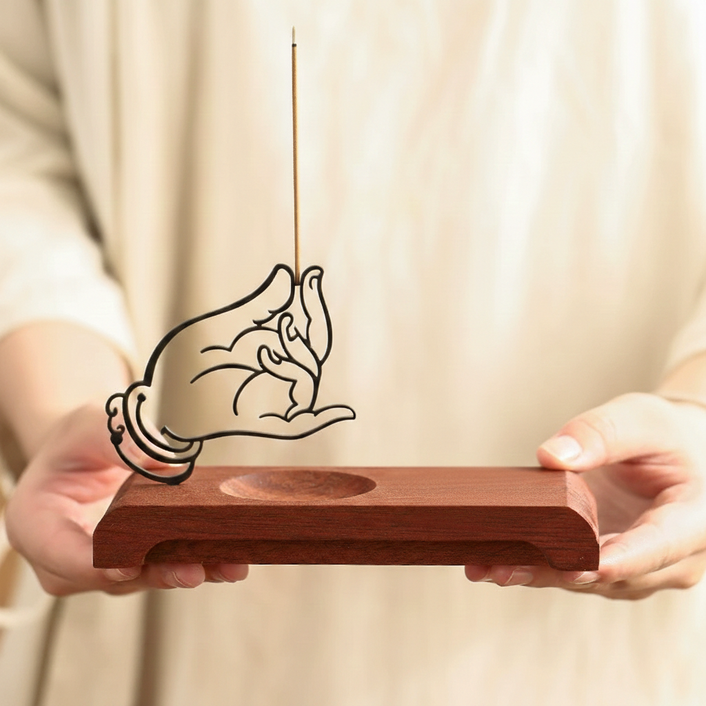 Homero Wooden Base Zen Metal Hand Incense Holder - 16cm