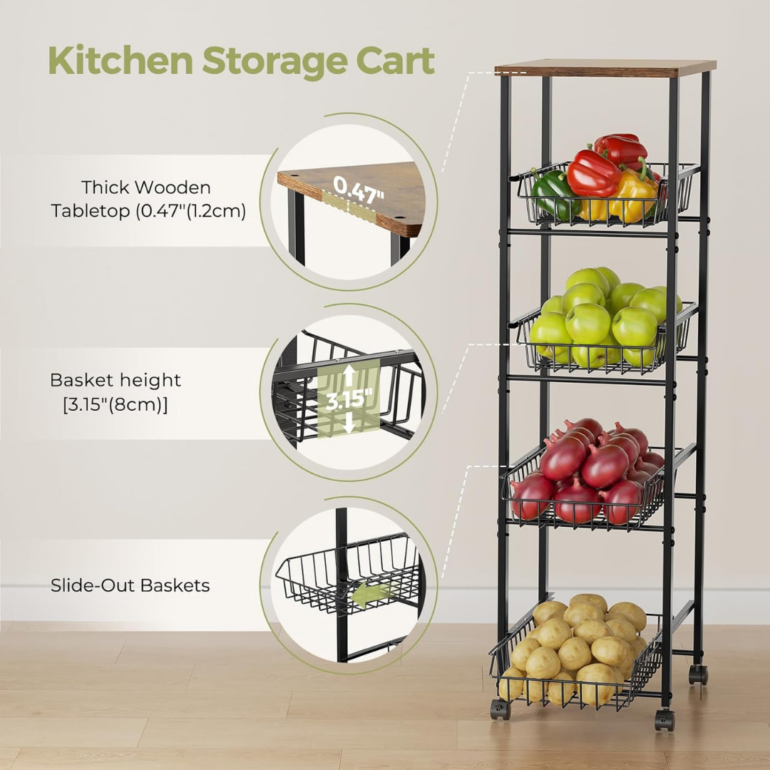 HOMERO 5 Tier Design Multipurpose Kitchen Storage Cart with Wood Top