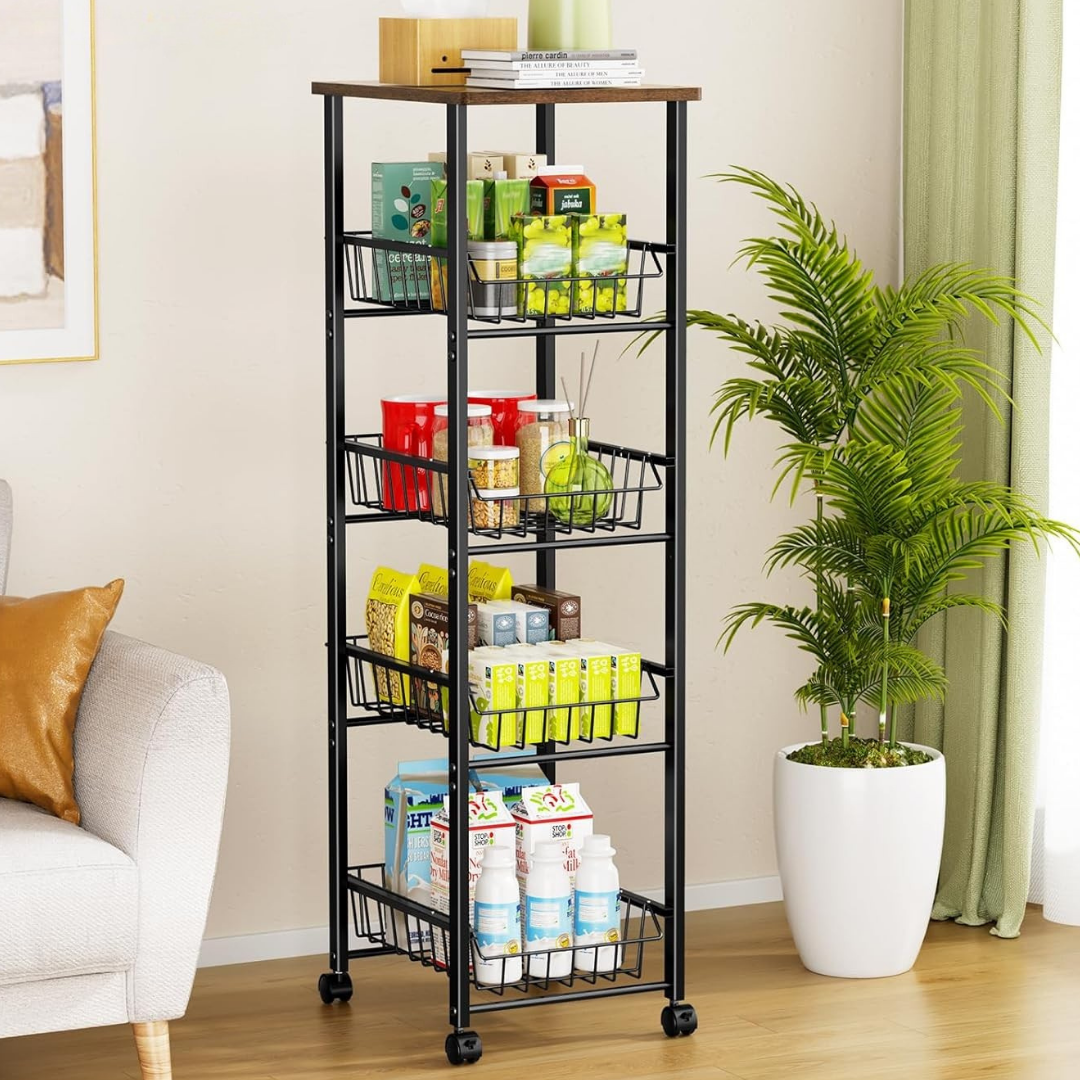 HOMERO 5 Tier Design Multipurpose Kitchen Storage Cart with Wood Top