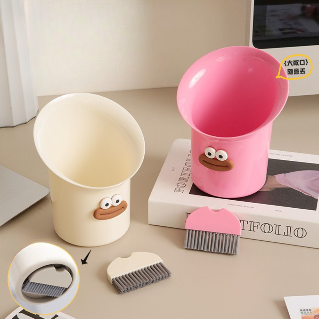 Dual-Function Desktop Trash Can with Hidden Cleaning Brush