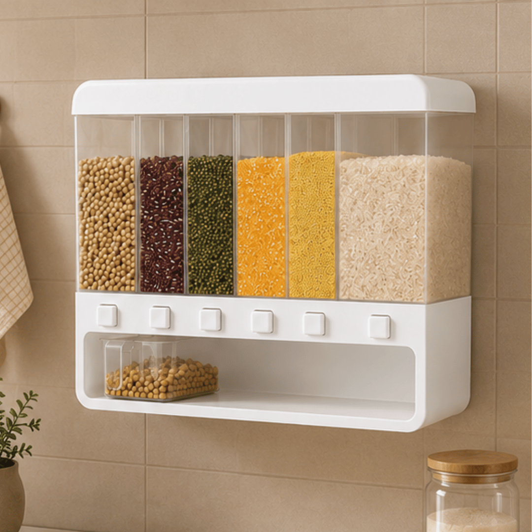 Six Compartment Airtight One Touch Grain Dispenser Storage Container With Measuring Cup