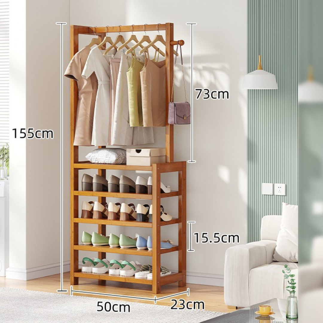 Multifunctional Bamboo Shoe Rack with Hanging Rail Side Hooks and Storage Shelves