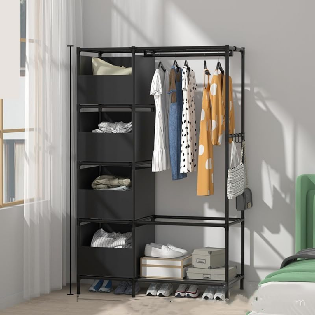 Portable Steel Wardrobe Closet with Curtain and Storage Shelves