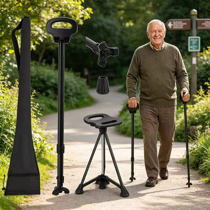 Foldable Aluminium Walking Stick with Adjustable Height Seat