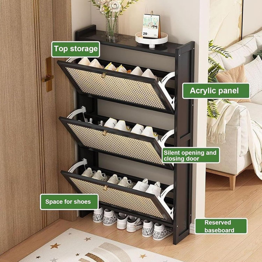 HOMERO Rattan Style Wooden Shoe Slim Space Saving Cabinet