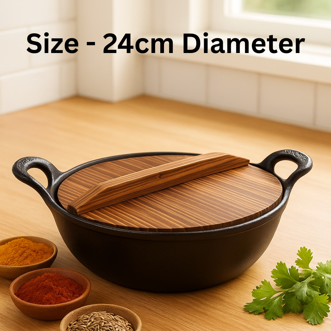 HOMERO Cast Iron Non Stick Kadai with Wooden Lid - 24cm Cooking Size