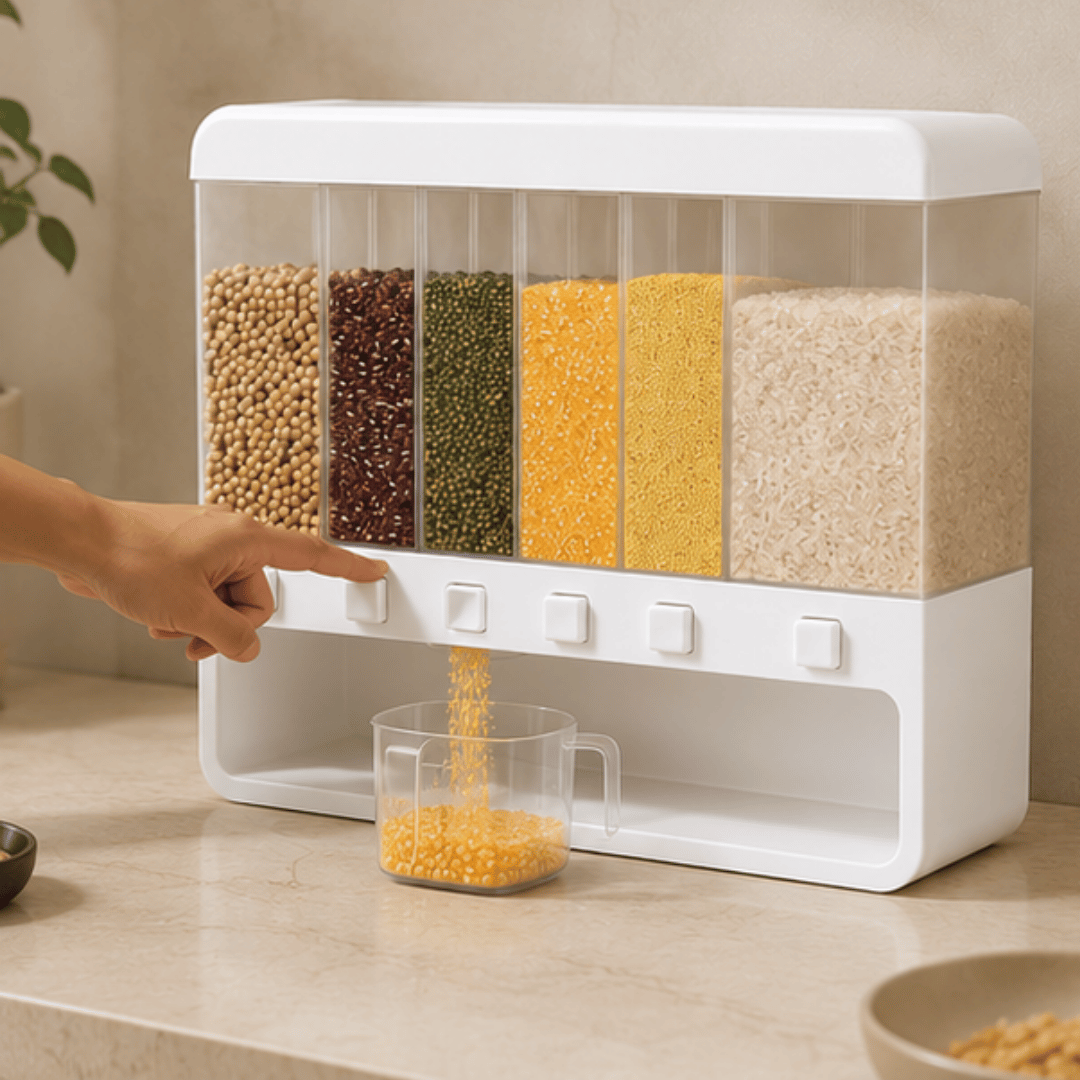 Six Compartment Airtight One Touch Grain Dispenser Storage Container With Measuring Cup
