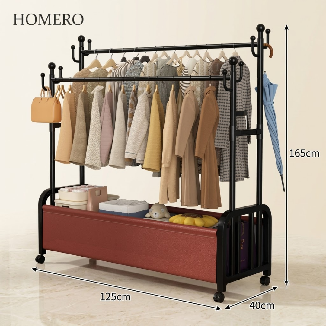 Multifunctional Tree Shaped Double Pole Garment Rack With Storage Basket