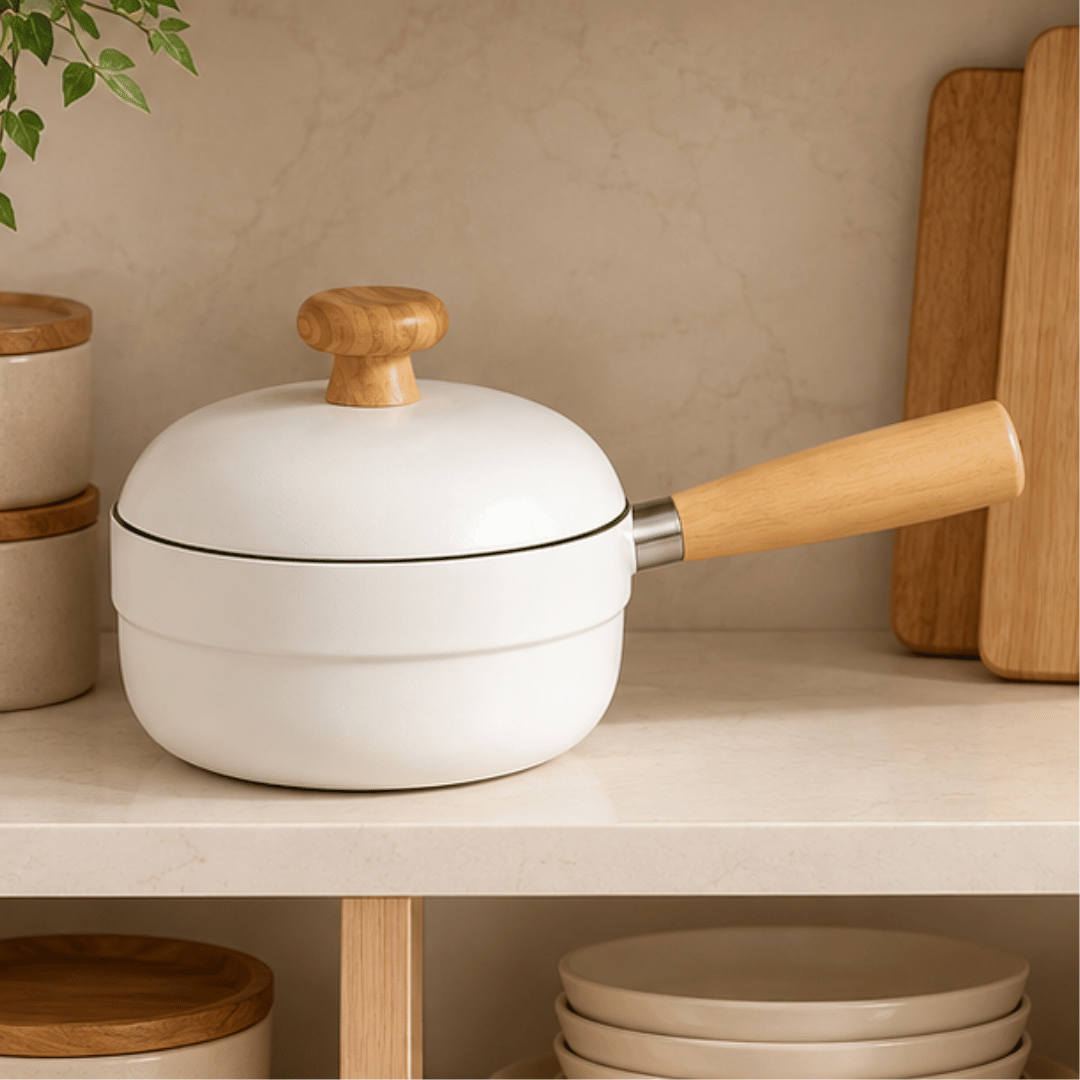 Premium White Enamel Milk Pot With Wooden Handle & Lid