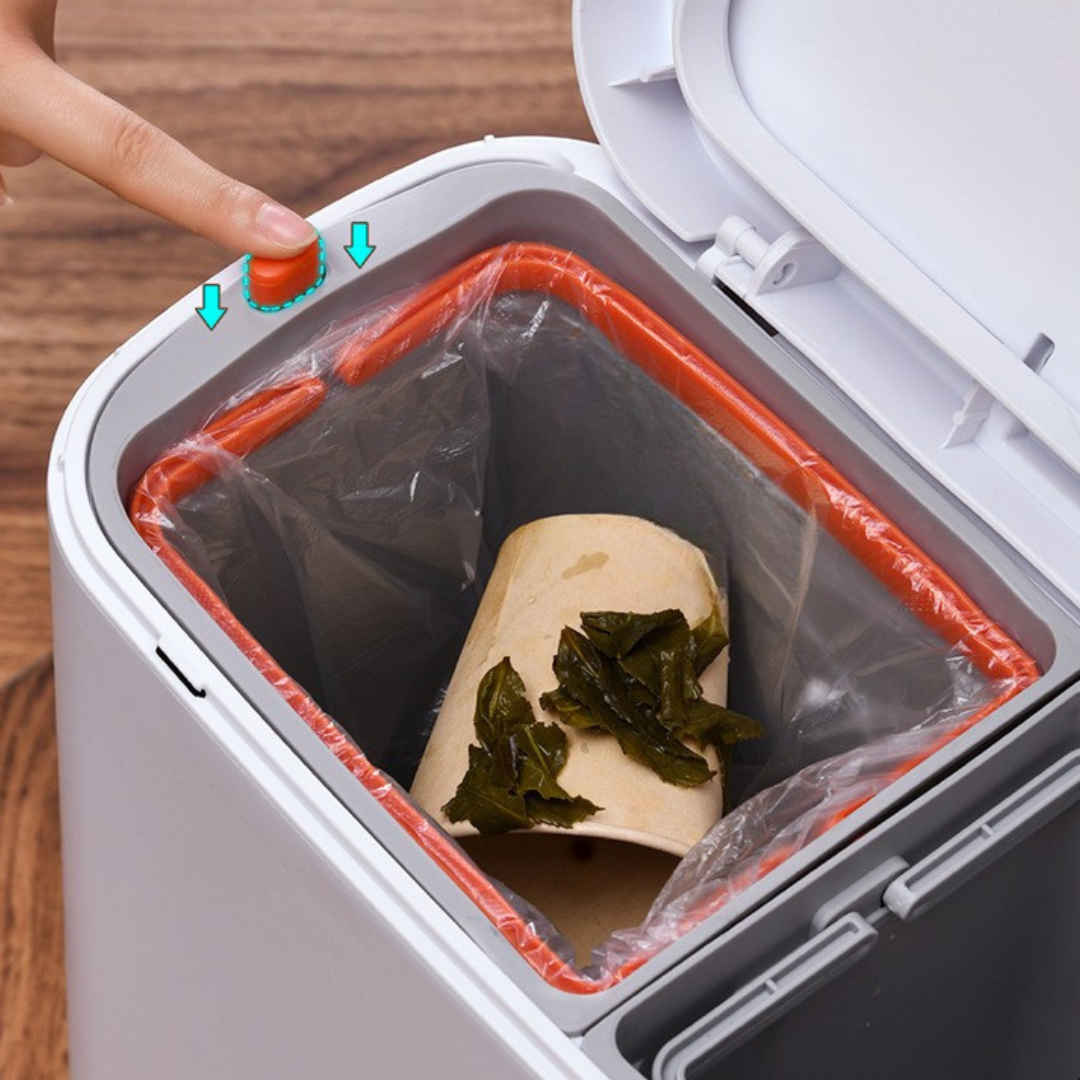 Dual Wet Dry Compartments Waste Bin with Pop Up Lid and Detachable Strainer