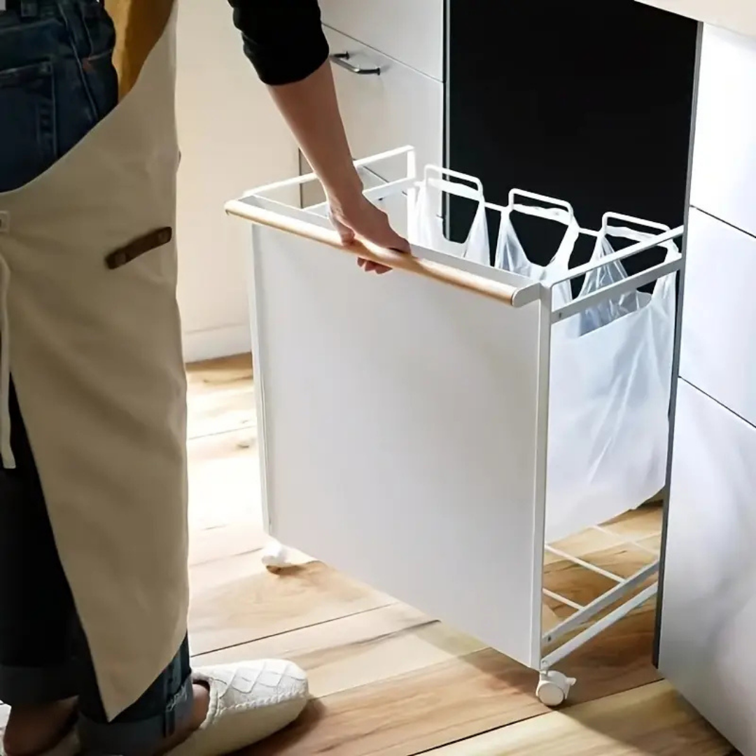 HOMERO Three-Compartment Metal Garbage Bag Holder Sleek Rolling Storage Rack