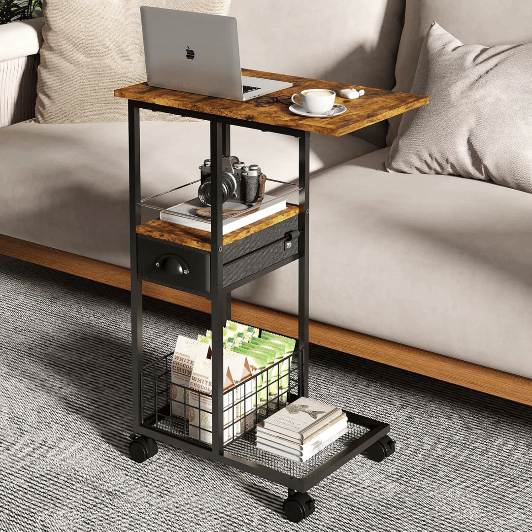 C Shaped Rolling Side Table with Drawer & Storage Basket