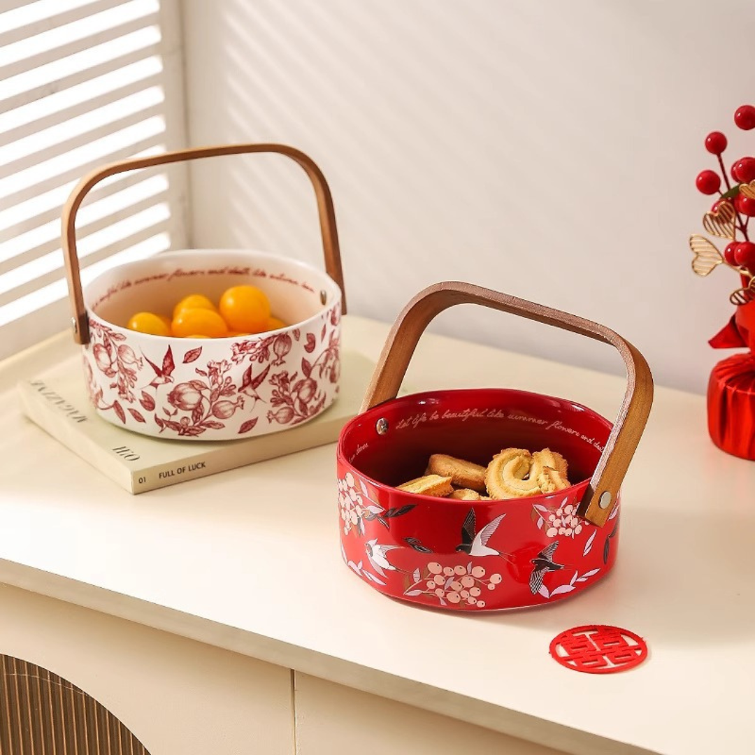 Elegant Ceramic Fruit Basket with Bamboo Handle for Home & Kitchen
