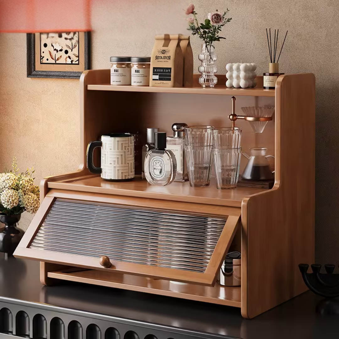 Bamboo Desktop Cup Holder Storage Rack with Acrylic Door