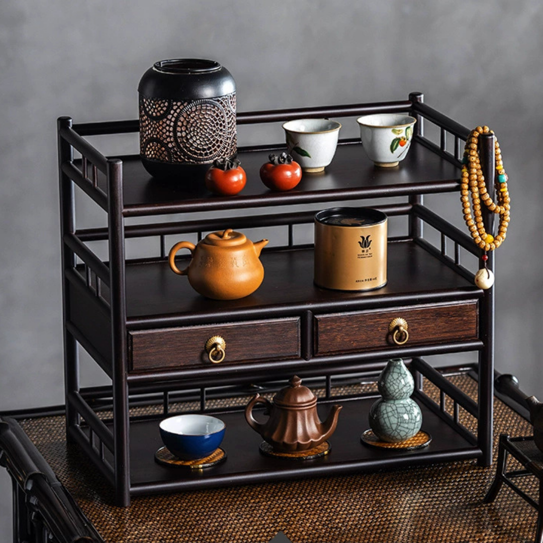 HOMERO Elegant Oriental Bamboo Multi-Layer Storage Organizer with Two Smooth Drawers