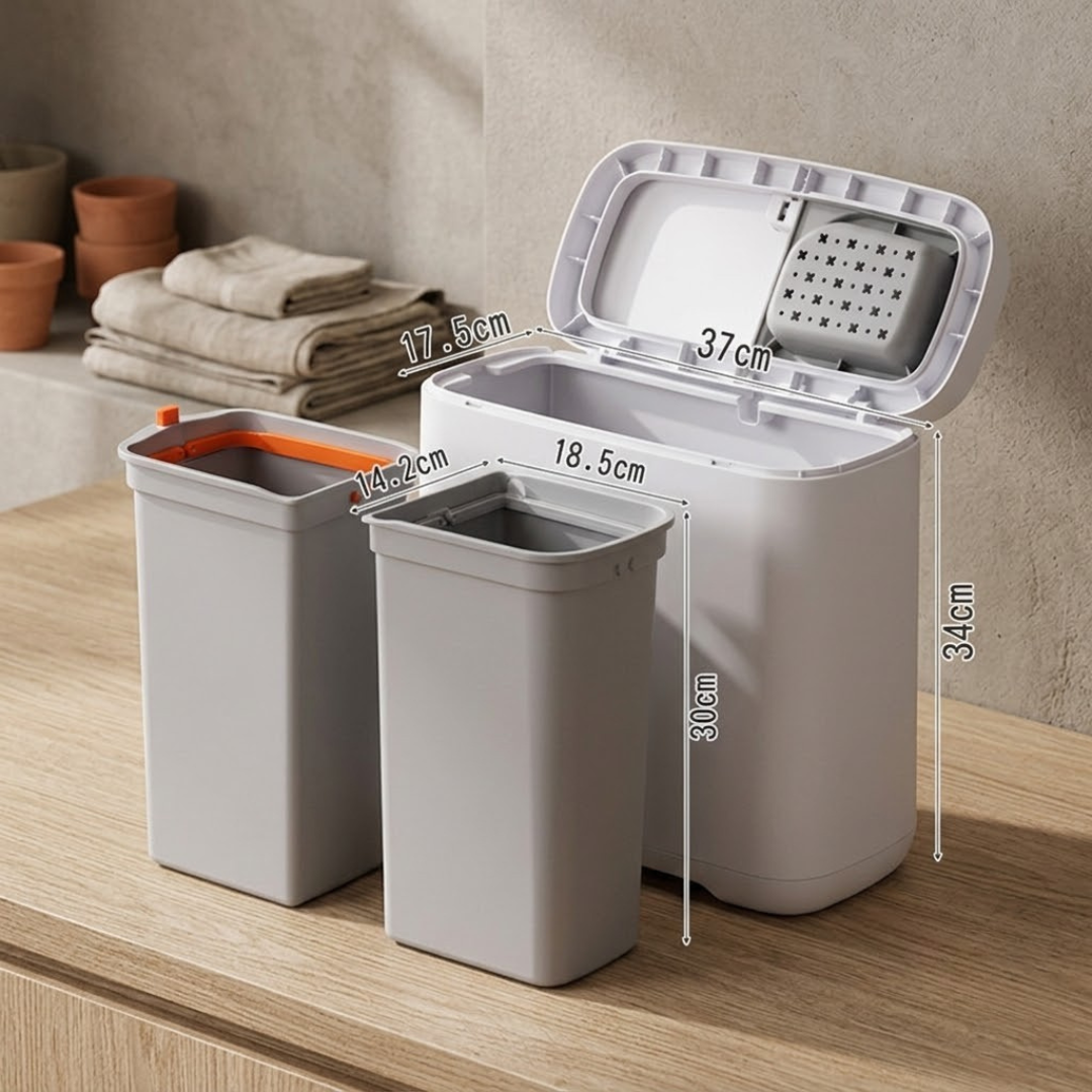 Dual Wet Dry Compartments Waste Bin with Pop Up Lid and Detachable Strainer