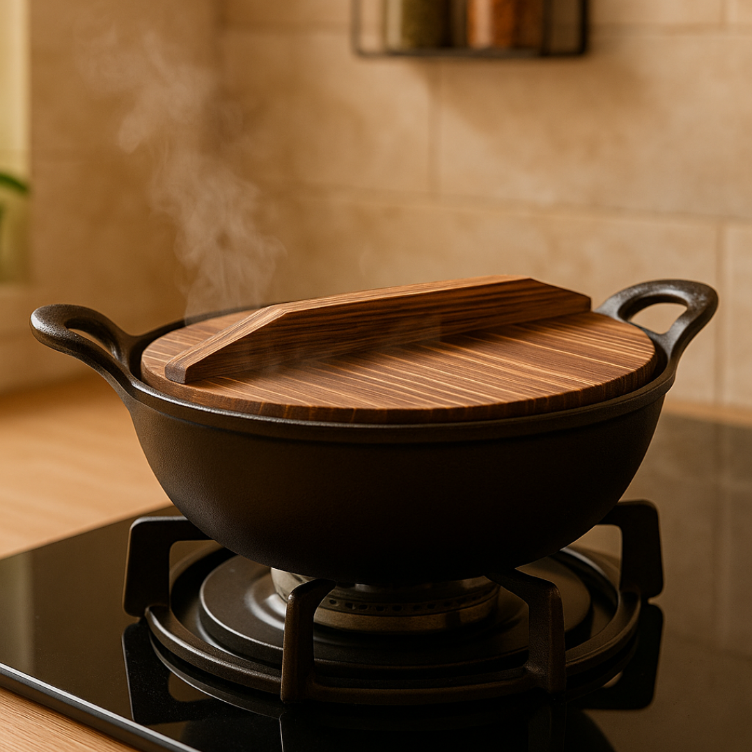 HOMERO Cast Iron Non Stick Kadai with Wooden Lid - 24cm Cooking Size
