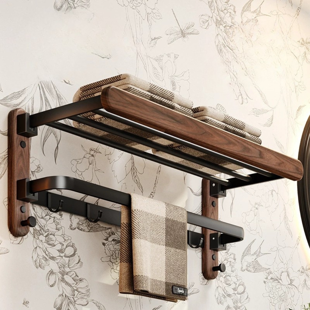 Double Layer Elegant Solid Wood Bathroom Towel Storage Rack