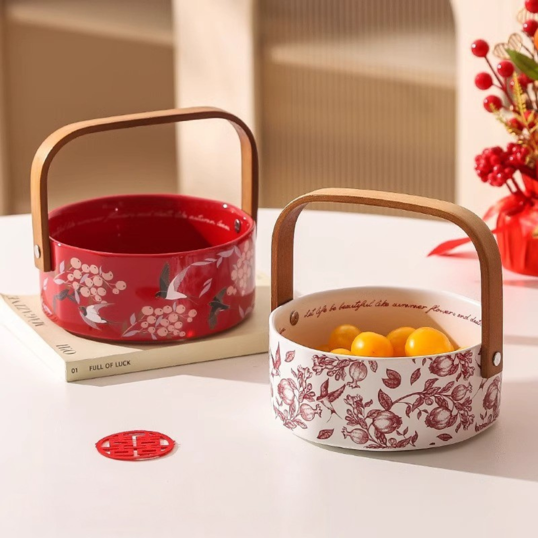 Elegant Ceramic Fruit Basket with Bamboo Handle for Home & Kitchen