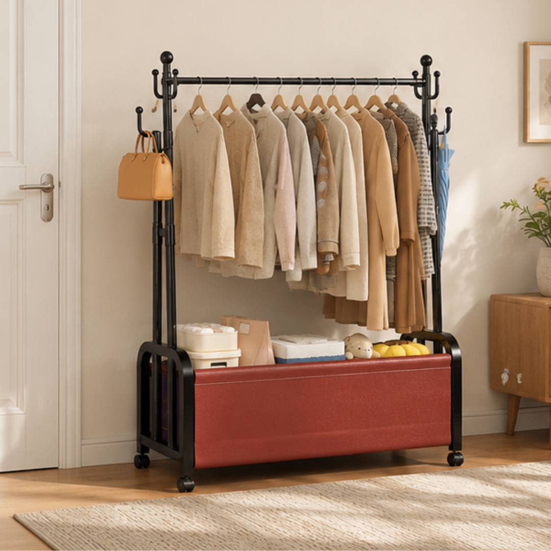 Multifunctional Tree Shaped Double Pole Garment Rack With Storage Basket