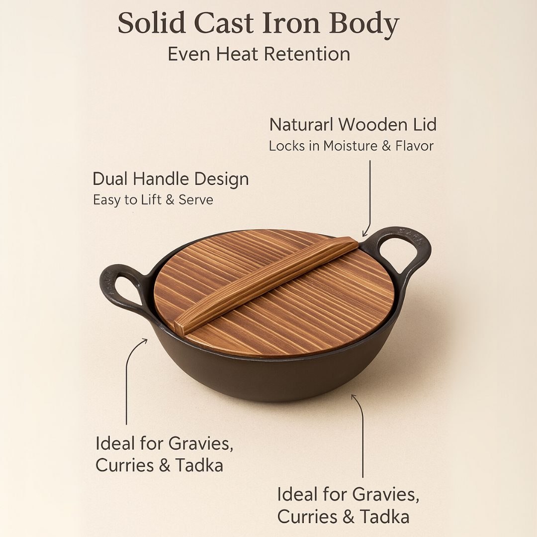 HOMERO Cast Iron Non Stick Kadai with Wooden Lid - 24cm Cooking Size