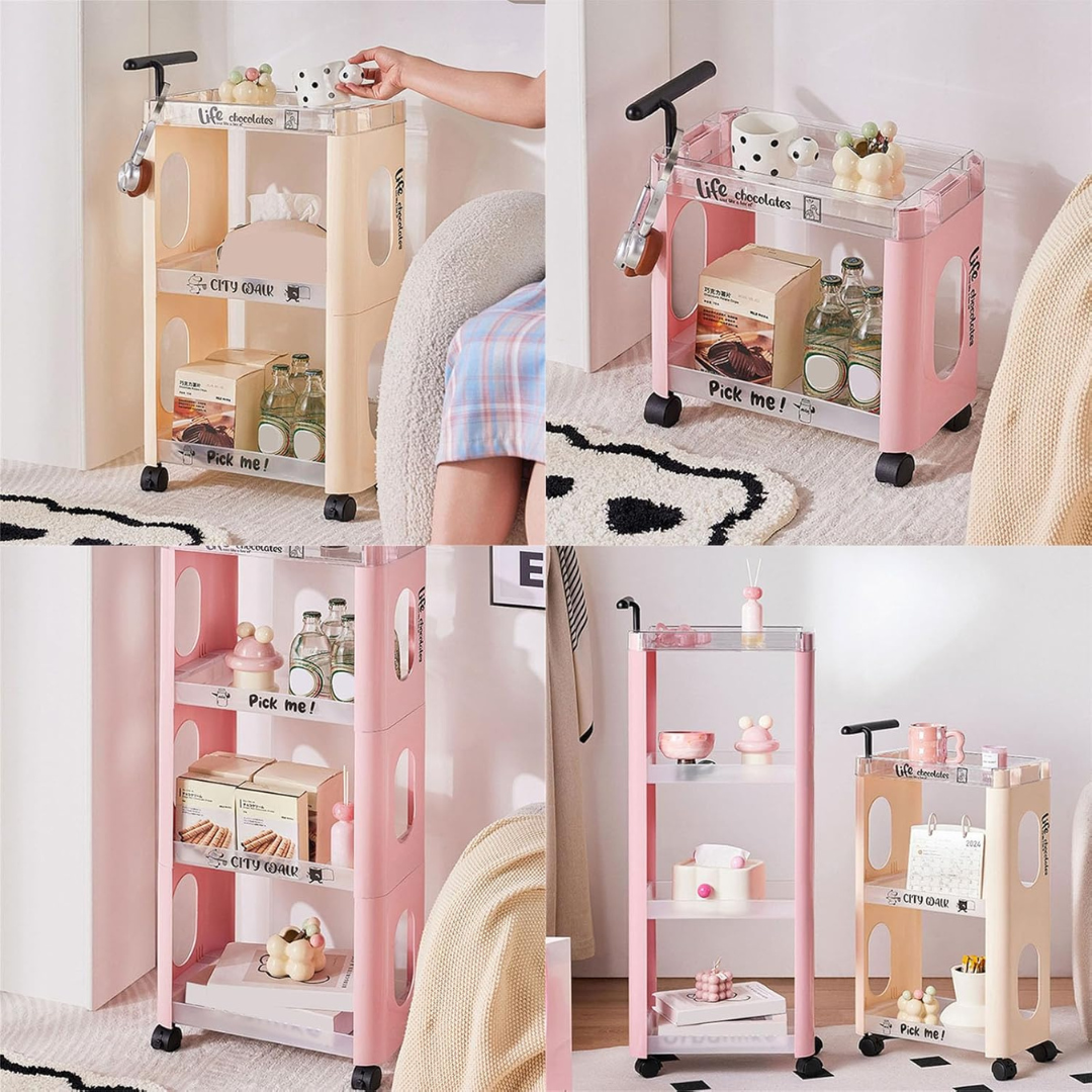 Rolling Multi Layer Space Storage Organizer Rack With Handle and Wheels 4 Layer