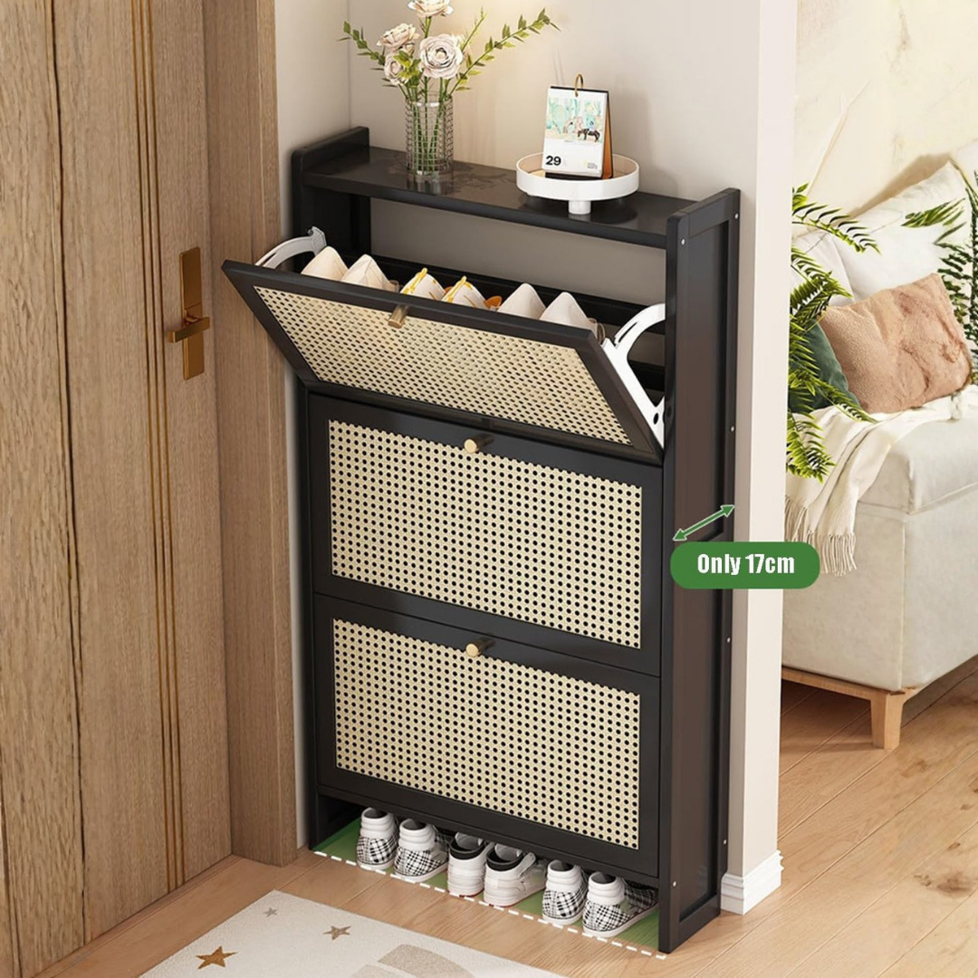 HOMERO Rattan Style Wooden Shoe Slim Space Saving Cabinet