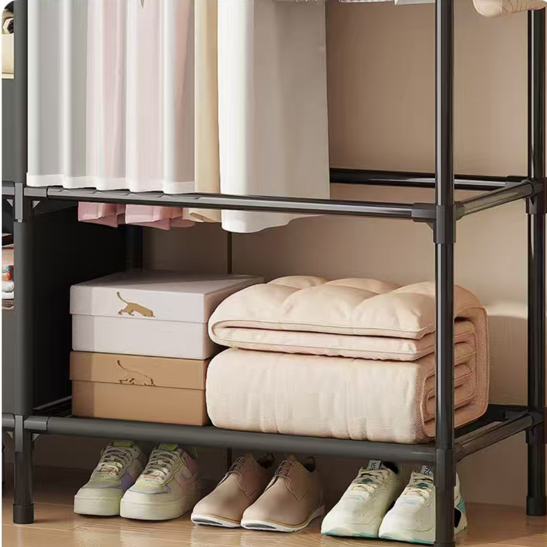 Portable Steel Wardrobe Closet with Curtain and Storage Shelves