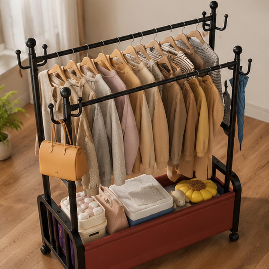 Multifunctional Tree Shaped Double Pole Garment Rack With Storage Basket