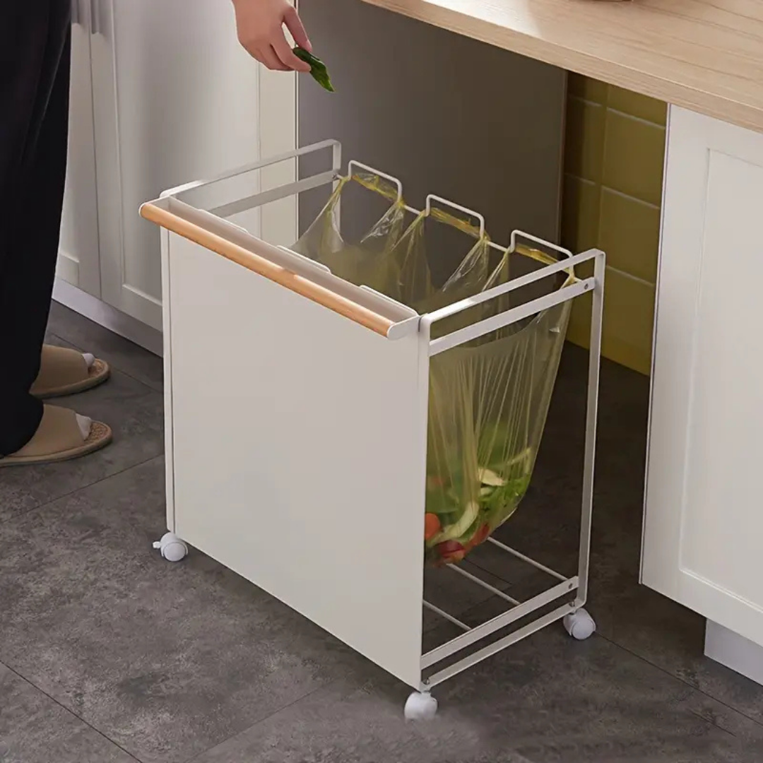 HOMERO Three-Compartment Metal Garbage Bag Holder Sleek Rolling Storage Rack