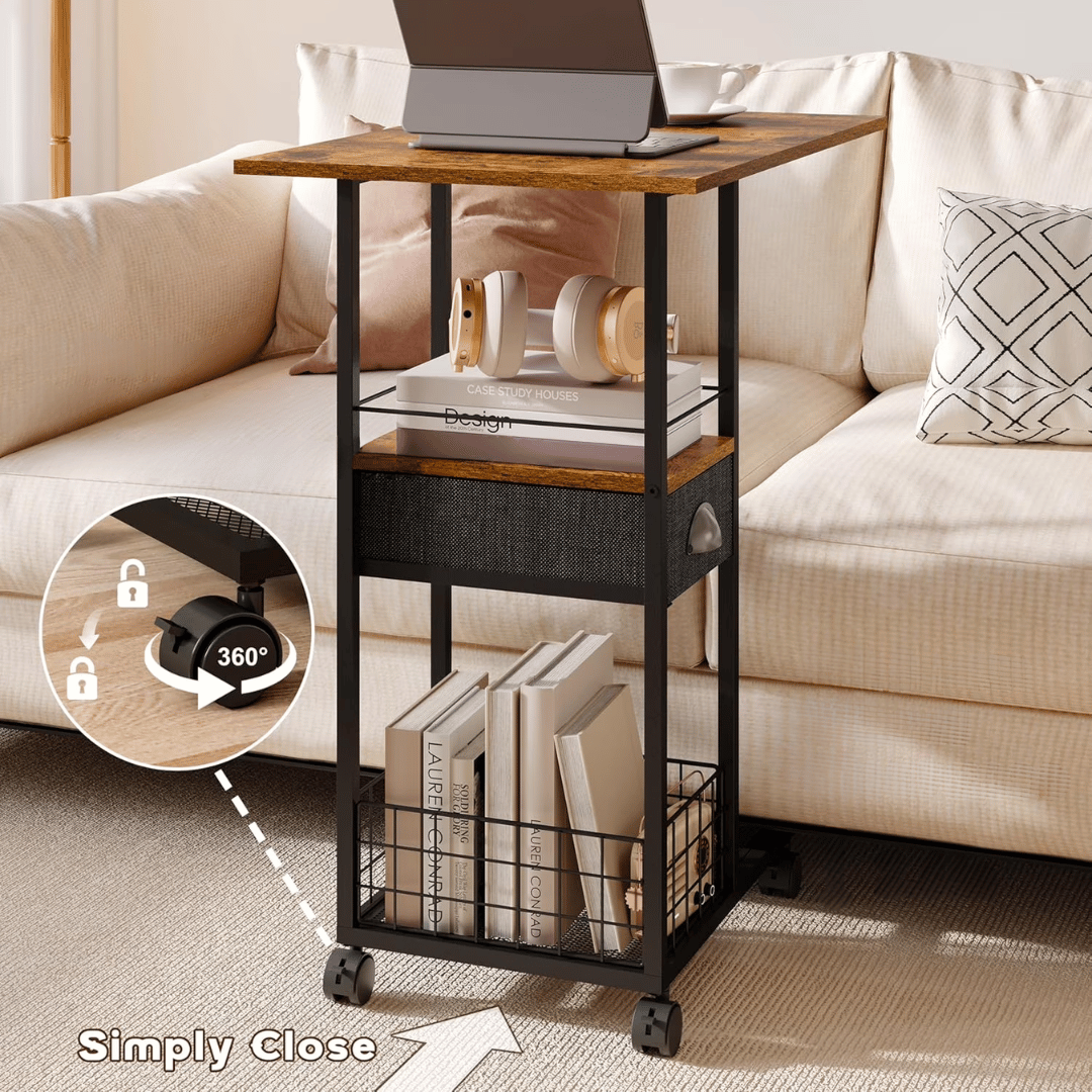 C Shaped Rolling Side Table with Drawer & Storage Basket