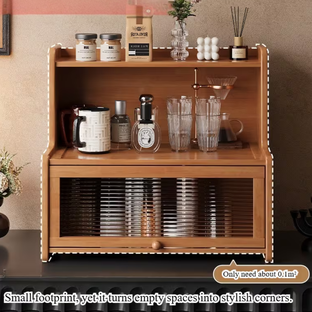 Bamboo Desktop Cup Holder Storage Rack with Acrylic Door