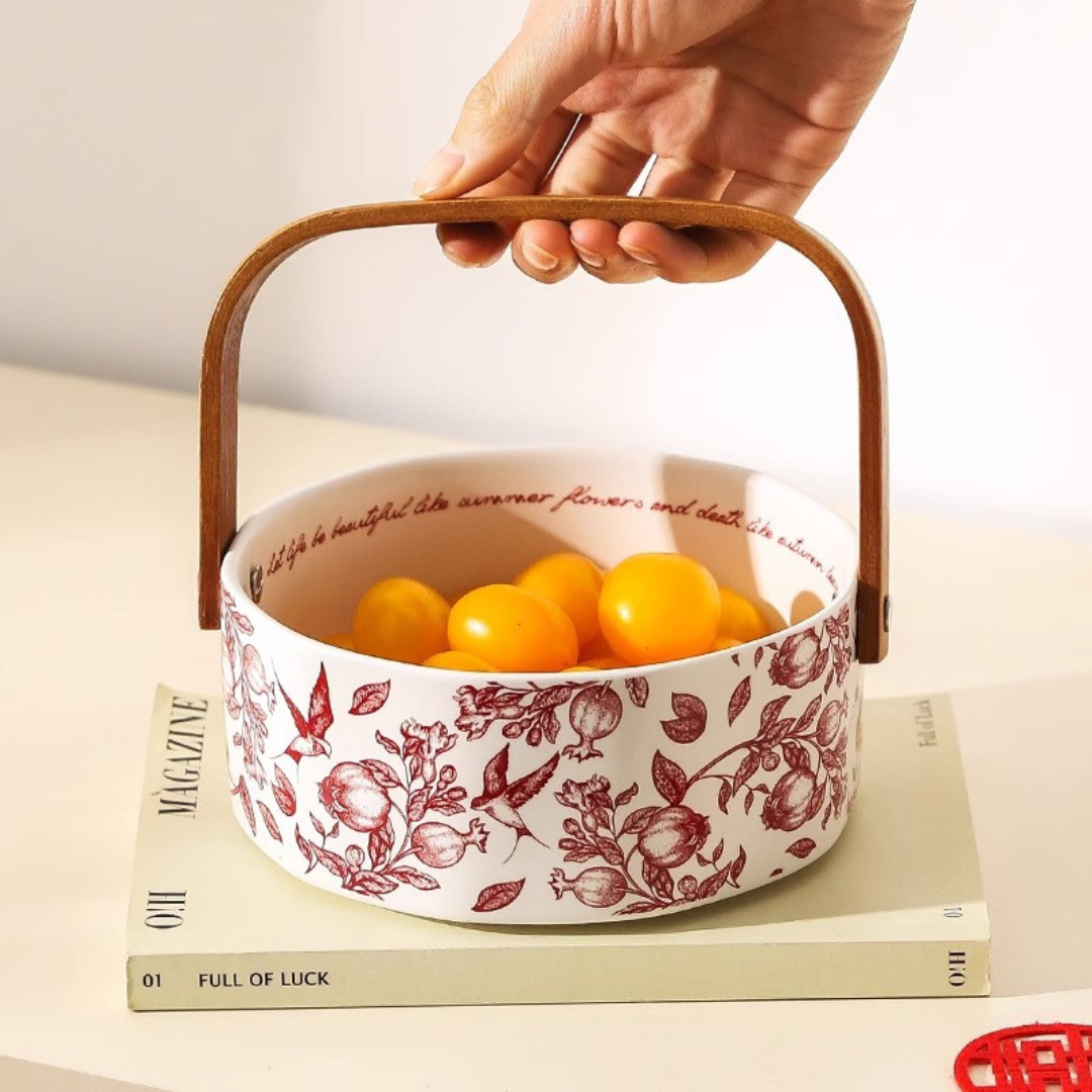 Elegant Ceramic Fruit Basket with Bamboo Handle for Home & Kitchen