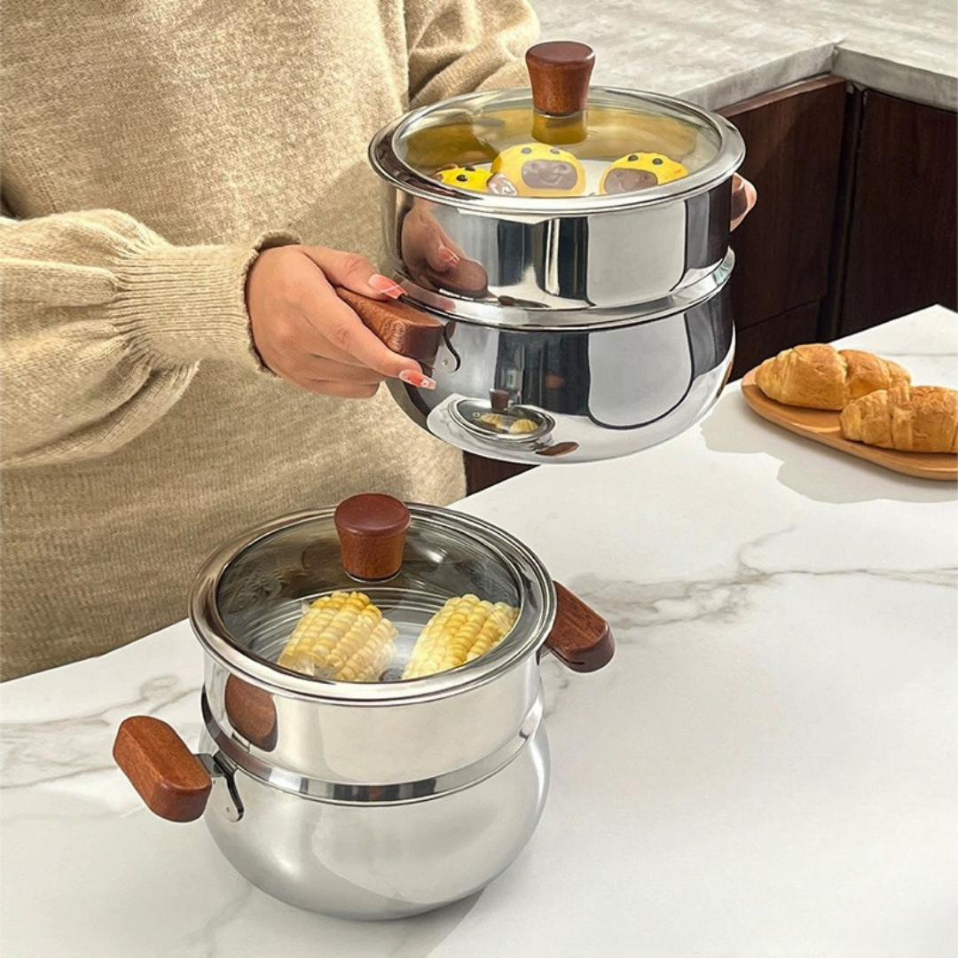 HOMERO Multi-Purpose Stainless Steel Steamer Pot Set with Wooden handle