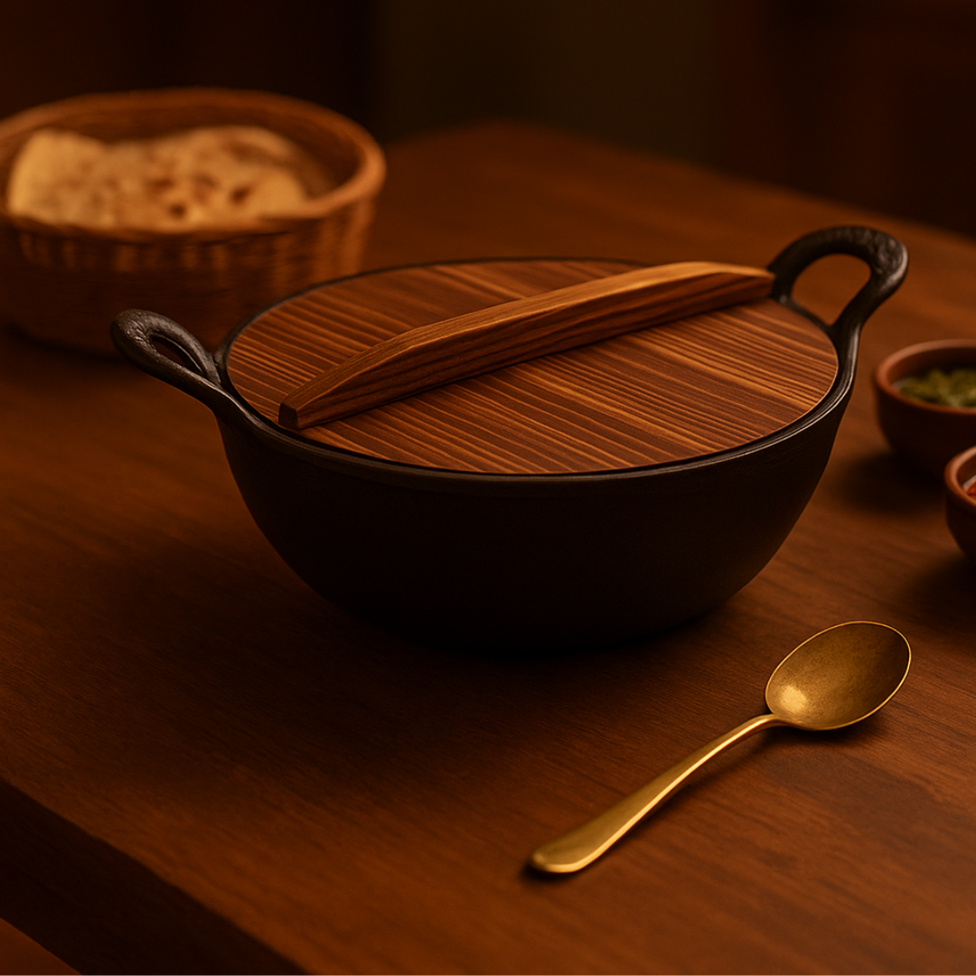 HOMERO Cast Iron Non Stick Kadai with Wooden Lid - 24cm Cooking Size