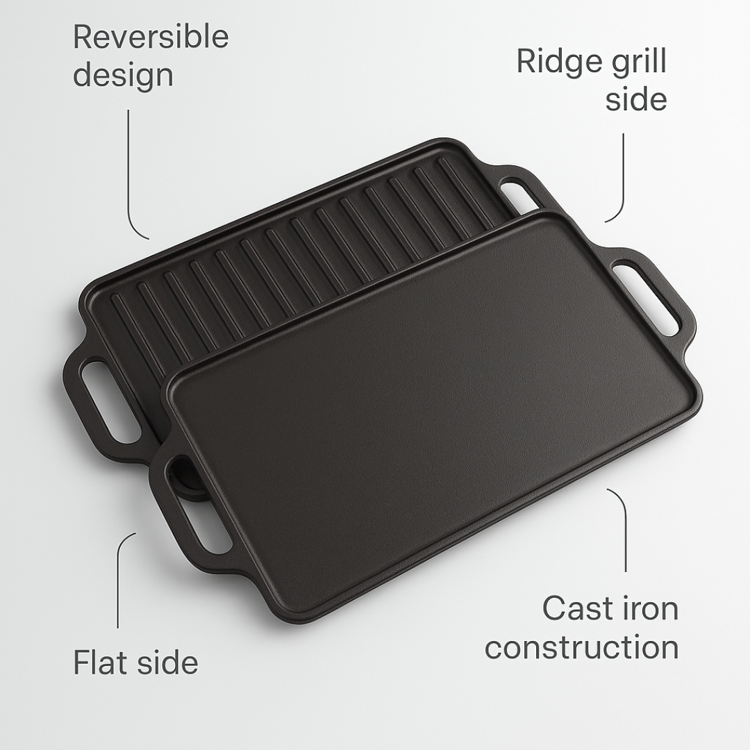 HOMERO Cast Iron Reversible Griddle Smooth Grill Surface