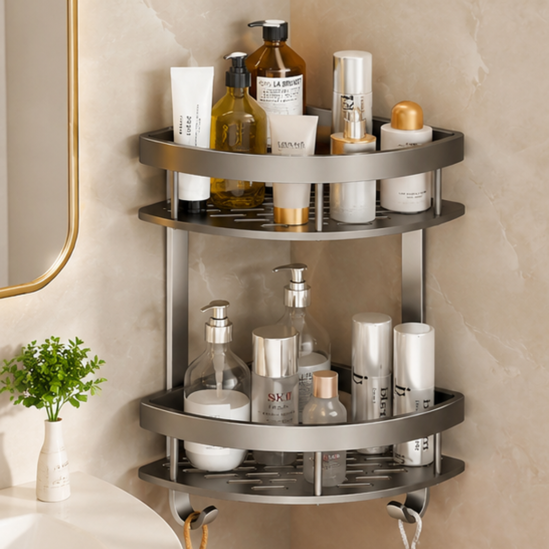 Wall Mounted Triangular Bathroom Corner Shelf With Hooks And Water Drainage