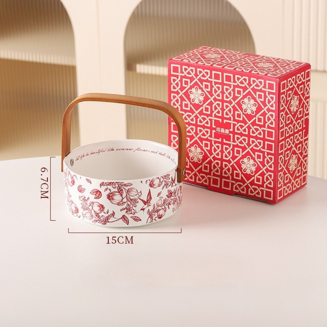 Elegant Ceramic Fruit Basket with Bamboo Handle for Home & Kitchen