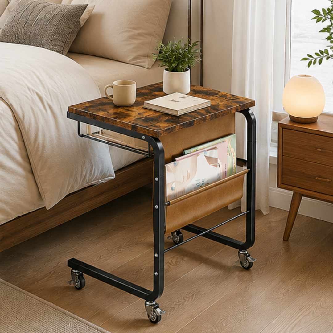 C Shaped Rolling Side Table with Storage Shelf Fabric Pocket and Wheels