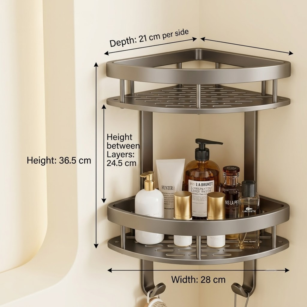Wall Mounted Triangular Bathroom Corner Shelf With Hooks And Water Drainage