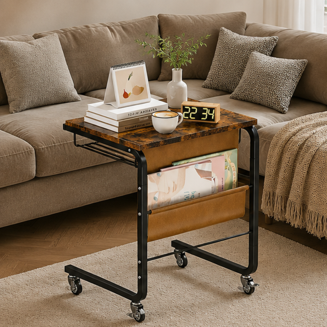 C Shaped Rolling Side Table with Storage Shelf Fabric Pocket and Wheels