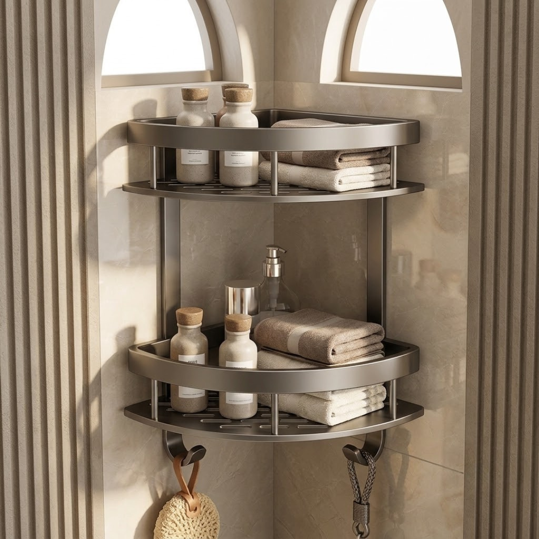 Wall Mounted Triangular Bathroom Corner Shelf With Hooks And Water Drainage