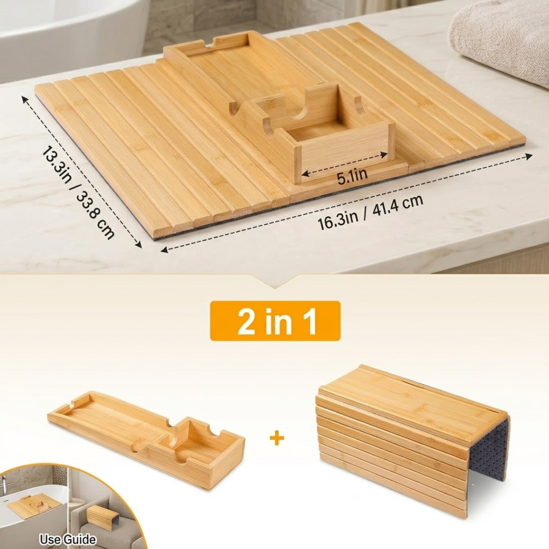Bamboo Sofa Armrest Tray with Detachable Cup Holder