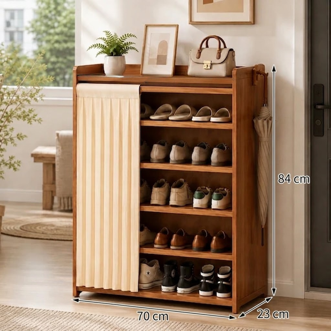 Multi Layer Bamboo Shoe Rack Cabinet with Dustproof Curtain