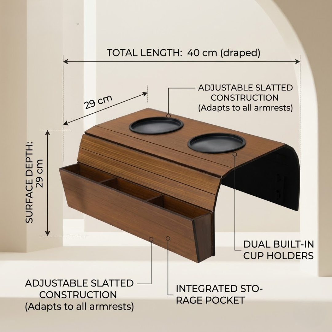 Flexible Wooden Sofa Armrest Tray Table With Dual Cup Holders And Remote Storage