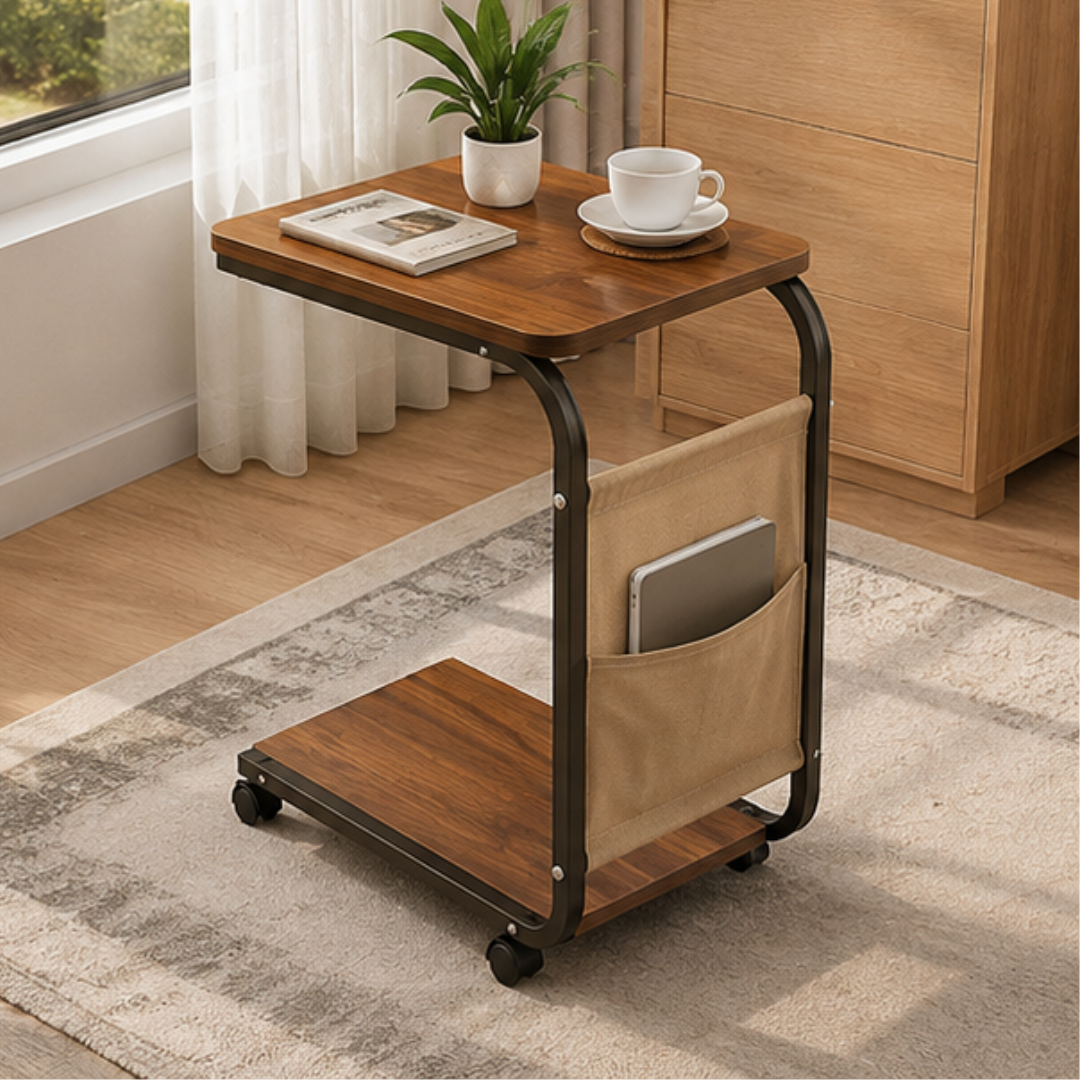 Multipurpose Double Layer C Shaped Wheeled Side Table