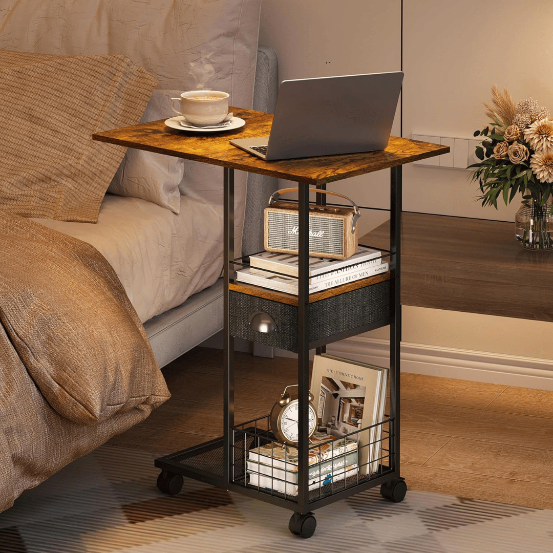C Shaped Rolling Side Table with Drawer & Storage Basket