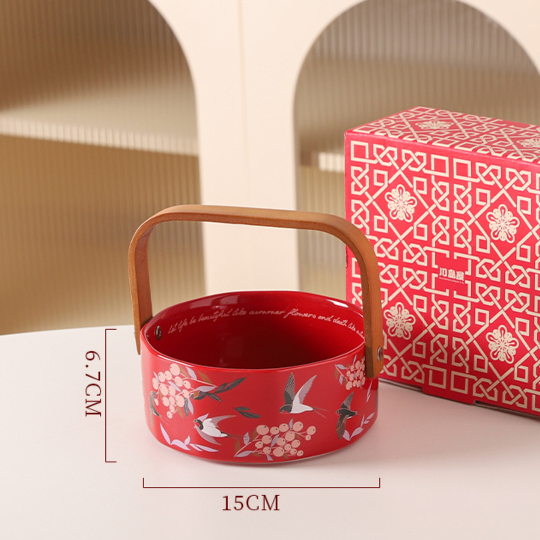 Elegant Ceramic Fruit Basket with Bamboo Handle for Home & Kitchen