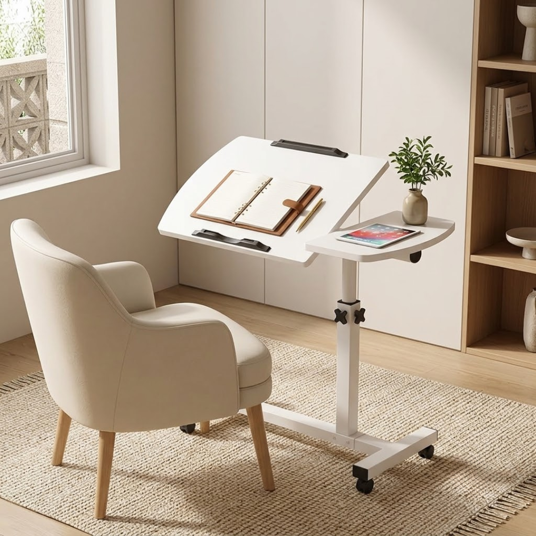 Adjustable Overbed Laptop Table with Tilting Panel & Lockable Wheels