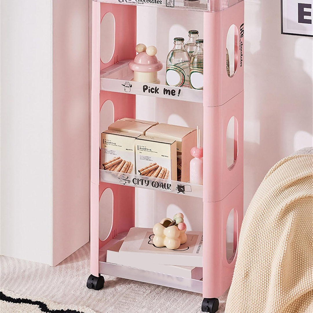 Rolling Multi Layer Space Storage Organizer Rack With Handle and Wheels 4 Layer
